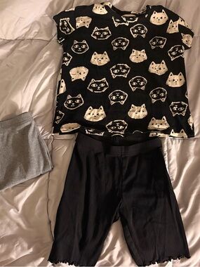 Old Navy Black Top with Cream Cat Faces and 2 set of ribbed fringed shorts